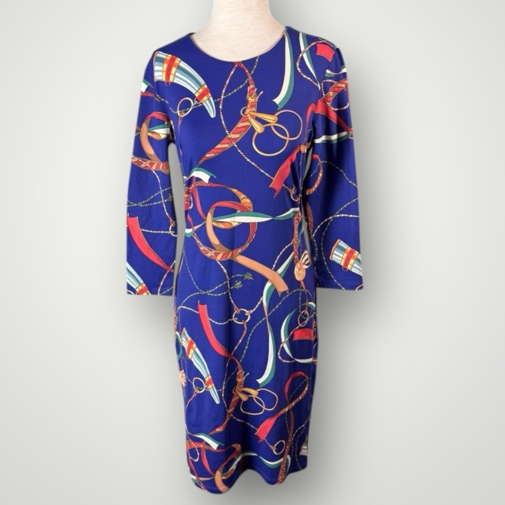 J. McLaughlin Blue Equestrian Chain Print Dress Catalina Cloth 3/4 Sleeve Mini